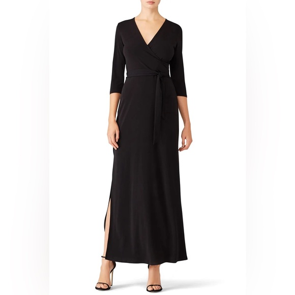 Leota Black Perfect Wrap Maxi 3/4 Sleeves Dress Medium - Picture 1 of 9